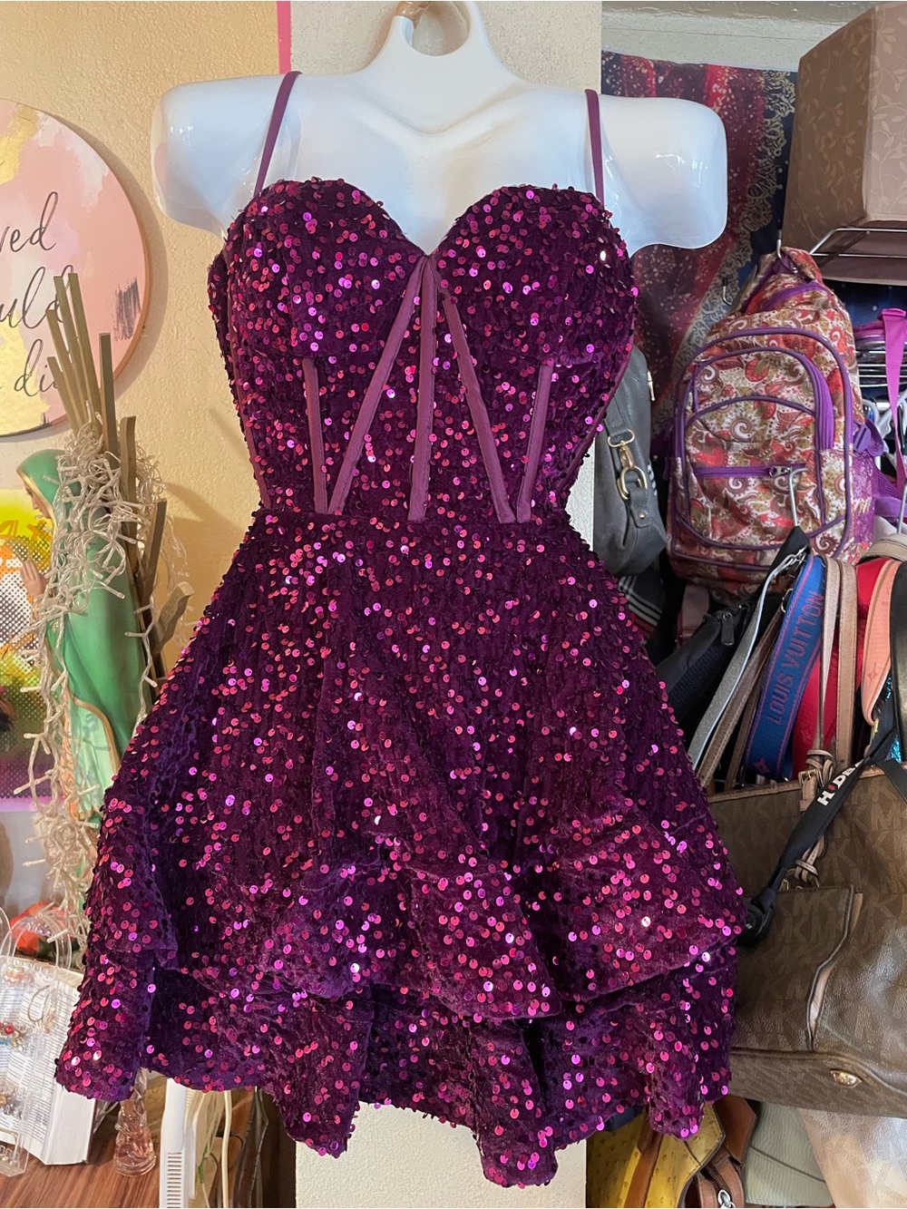 'Purple Sequin Party Dress with Spaghetti Straps